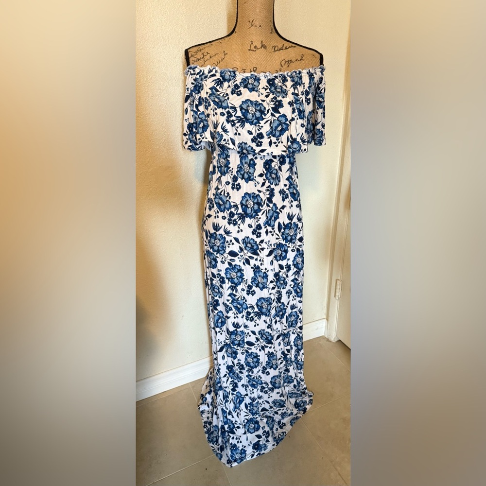 H&M Blue and White Floral Off-ShoulderMaxi Dress